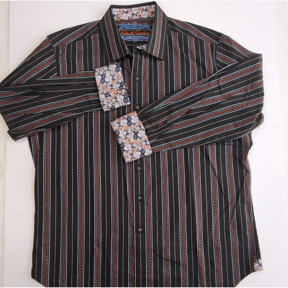 Robert Graham Flip Cuff Shirt Mens XL Classic Fit Black Orange Teal Paisley